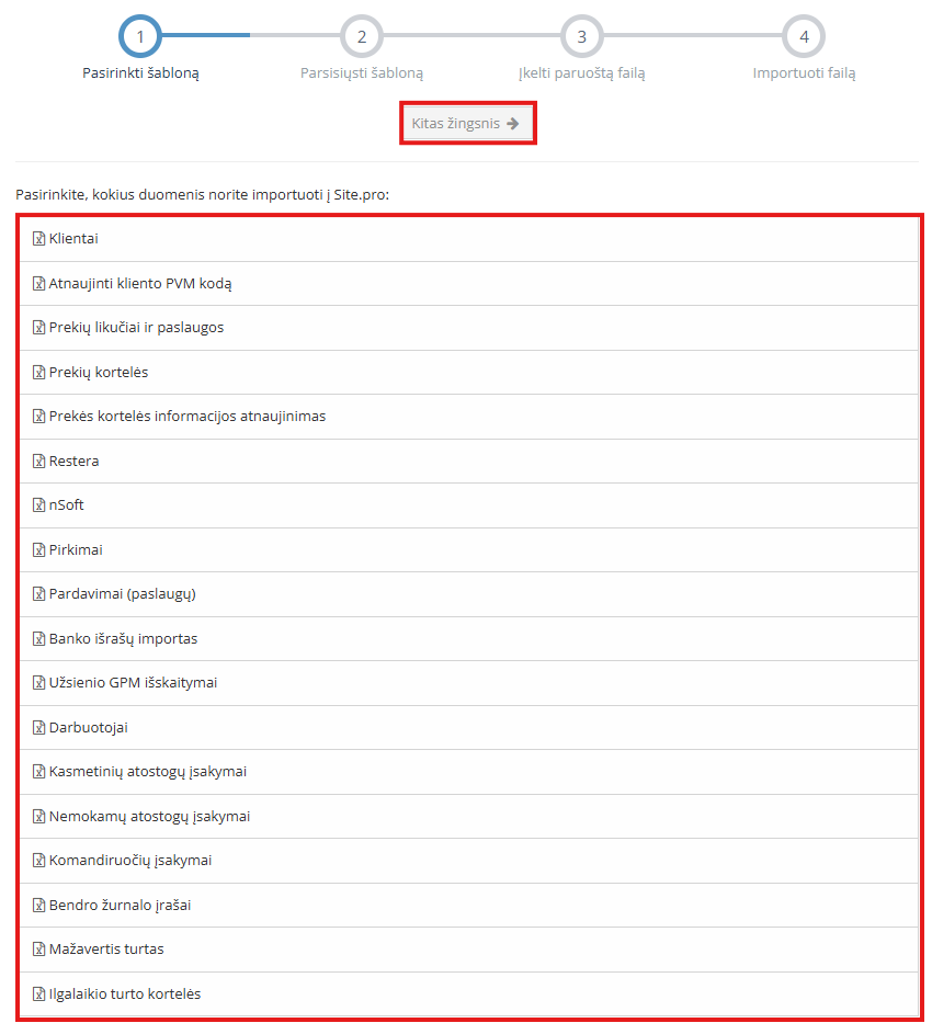 Selecting the import module and clicking the arrow for the next step